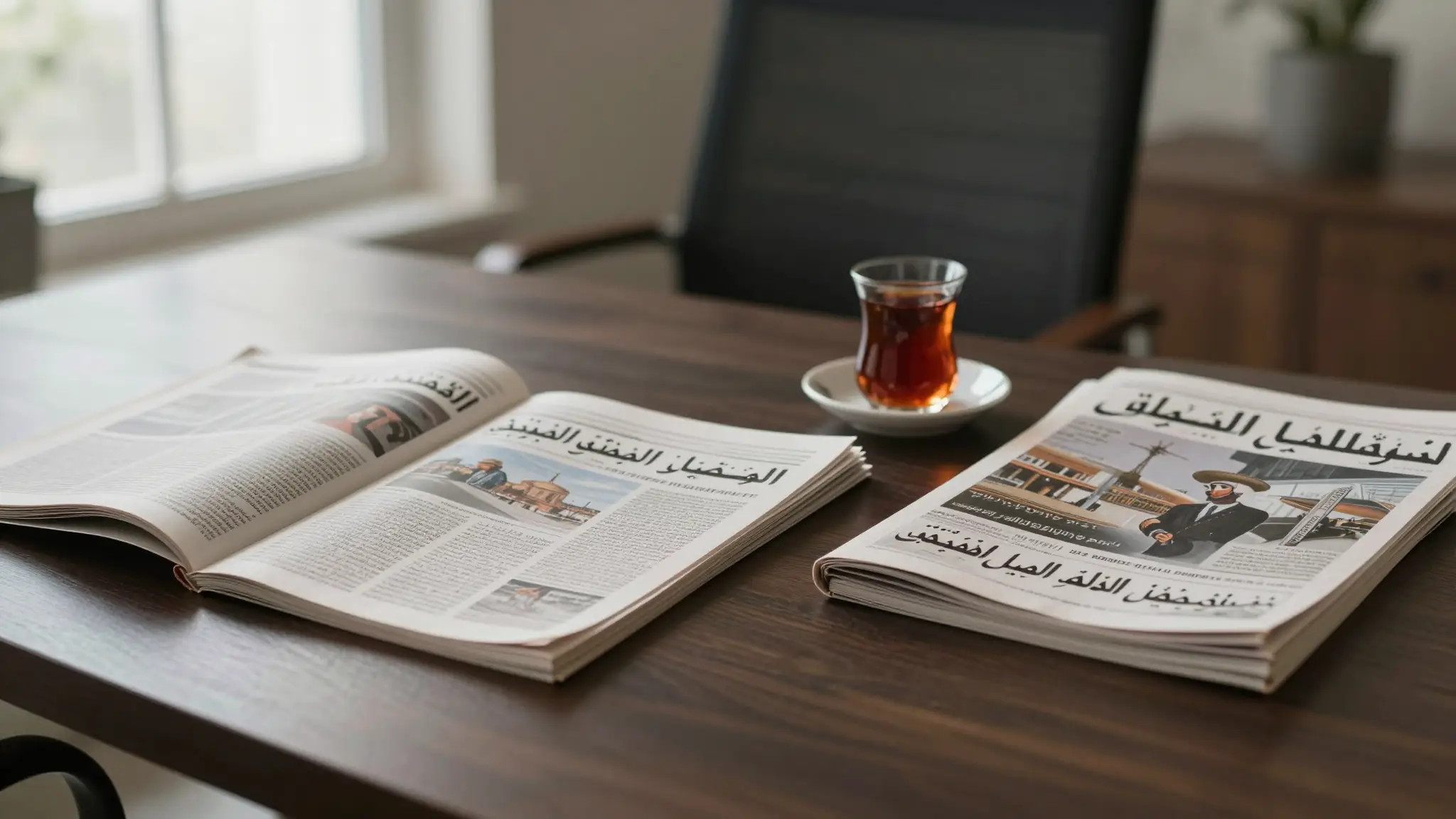 مقالات وأخبار مطبوعة ومجلات فوق مكتب قراءة تحت ضوء طبيعي، تجسيد لعالم المقالات والصحافة